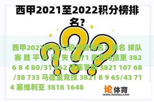 西甲2021至2022积分榜排名？