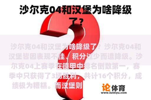 沙尔克04和汉堡为啥降级了？