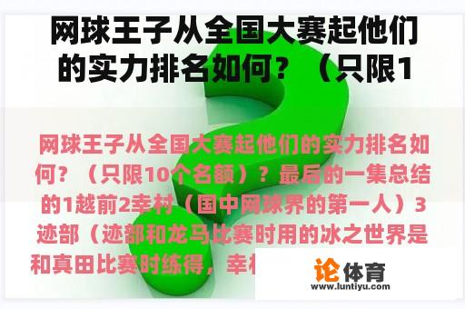 网球王子从全国大赛起他们的实力排名如何？（只限10个名额）？