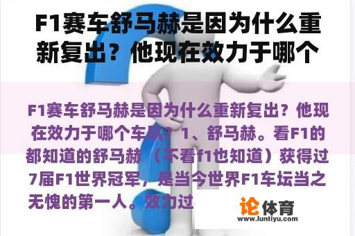 F1赛车舒马赫是因为什么重新复出？他现在效力于哪个车队？