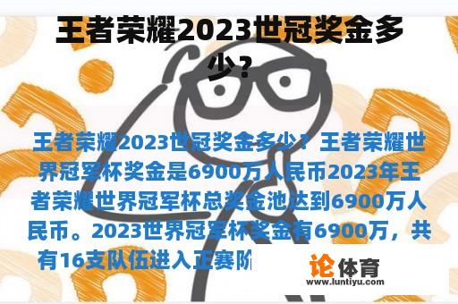 王者荣耀2023世冠奖金多少？