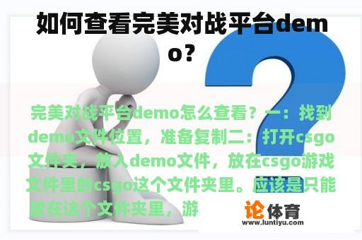 如何查看完美对战平台demo？