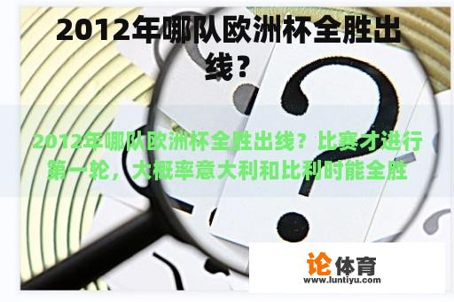 2012年哪队欧洲杯全胜出线？