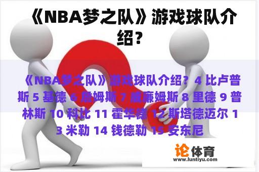 《NBA梦之队》游戏球队介绍？