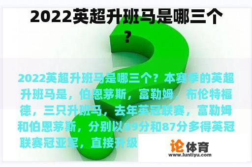 2022英超升班马是哪三个？