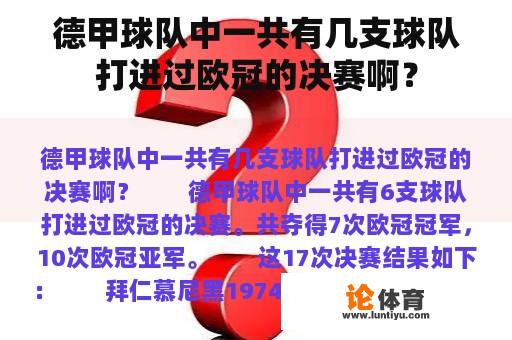 德甲球队中一共有几支球队打进过欧冠的决赛啊？