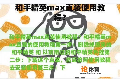 和平精英max直装使用教程？