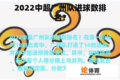 2022中超广州队进球数排名？