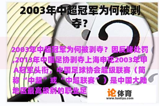 2003年中超冠军为何被剥夺？