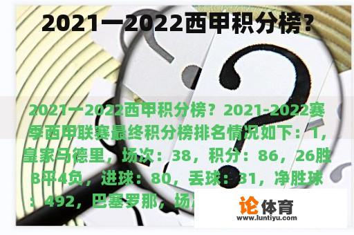 2021一2022西甲积分榜？