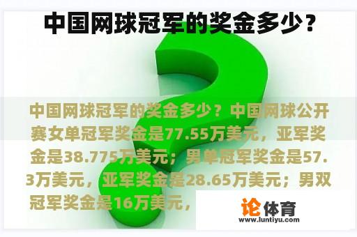 中国网球冠军的奖金多少？