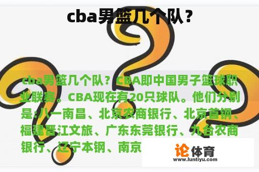 cba男篮几个队？