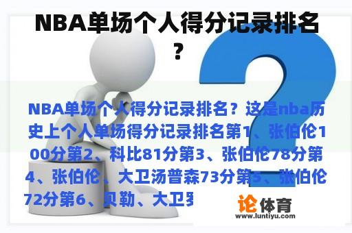 NBA单场个人得分记录排名？