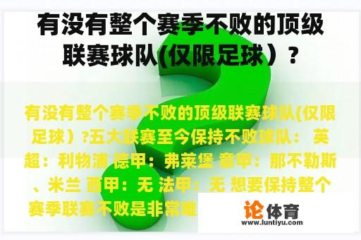 有没有整个赛季不败的顶级联赛球队(仅限足球）?