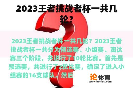 2023王者挑战者杯一共几轮？