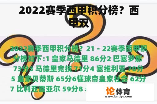 2022赛季西甲积分榜？西甲双