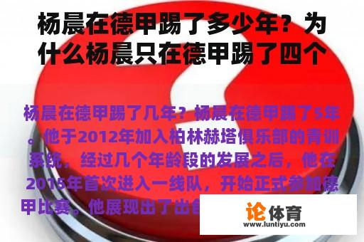 杨晨在德甲踢了多少年？为什么杨晨只在德甲踢了四个赛季？