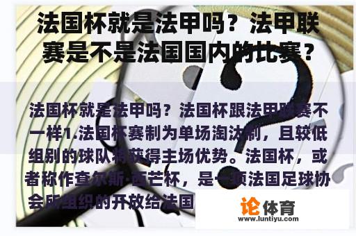 法国杯就是法甲吗？法甲联赛是不是法国国内的比赛？