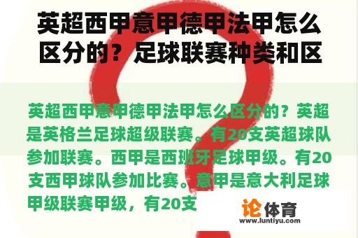 英超西甲意甲德甲法甲怎么区分的？足球联赛种类和区别？