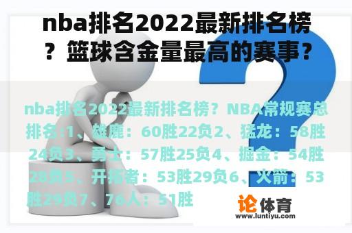 nba排名2022最新排名榜？篮球含金量最高的赛事？