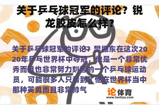 关于乒乓球冠军的评论？锐龙胶皮怎么样？