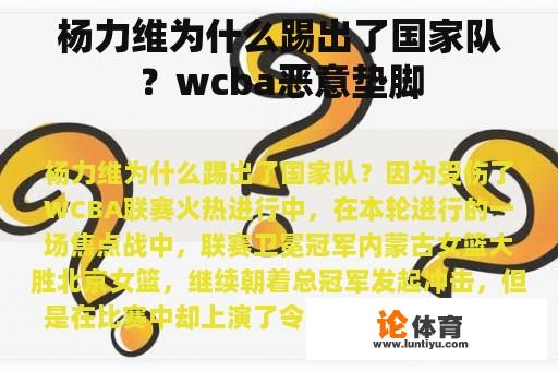 杨力维为什么踢出了国家队？wcba恶意垫脚