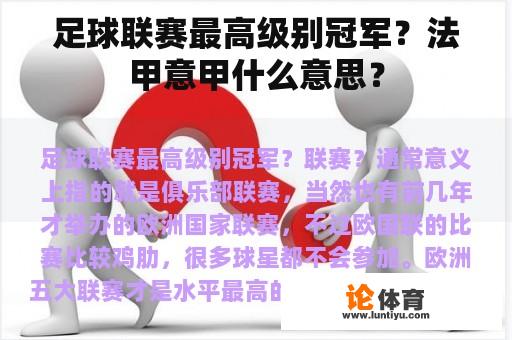 足球联赛最高级别冠军？法甲意甲什么意思？