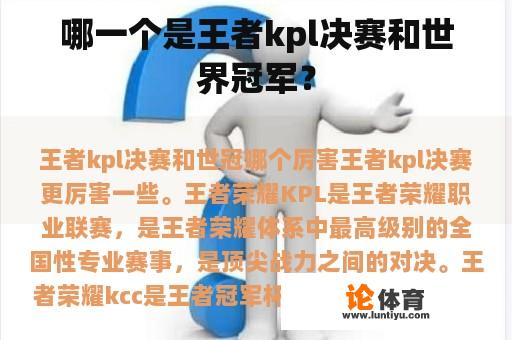 哪一个是王者kpl决赛和世界冠军？