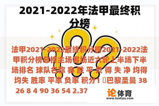 2021-2022年法甲最终积分榜