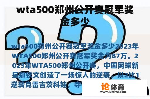 wta500郑州公开赛冠军奖金多少