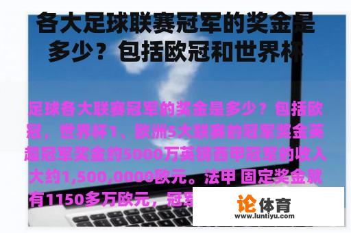 各大足球联赛冠军的奖金是多少？包括欧冠和世界杯