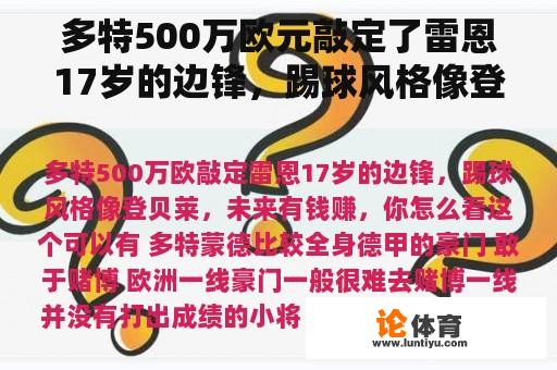 多特500万欧元敲定了雷恩17岁的边锋，踢球风格像登贝莱，将来赚钱，你怎么看