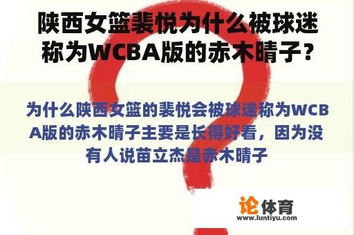 陕西女篮裴悦为什么被球迷称为WCBA版的赤木晴子？