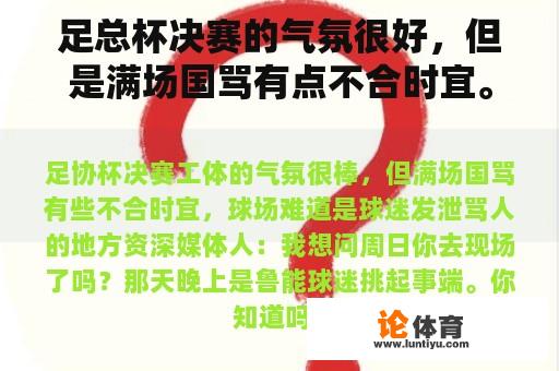 足总杯决赛的气氛很好，但是满场国骂有点不合时宜。球场是球迷发泄骂人的地方吗？