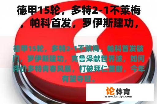 德甲15轮，多特2-1不莱梅，帕科首发，罗伊斯建功，克鲁泽世界波，如何评价？