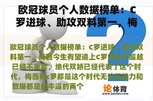 欧冠球员个人数据榜单：C罗进球、助攻双料第一，梅西今生有望追上C罗吗