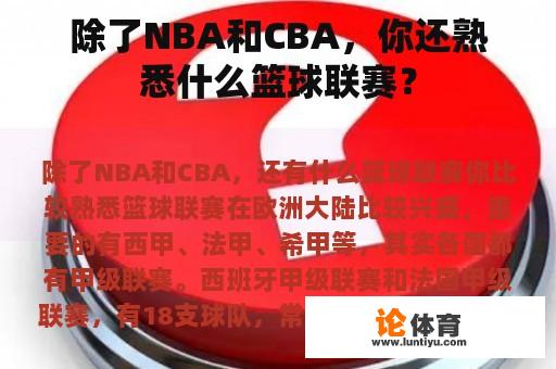 除了NBA和CBA，你还熟悉什么篮球联赛？