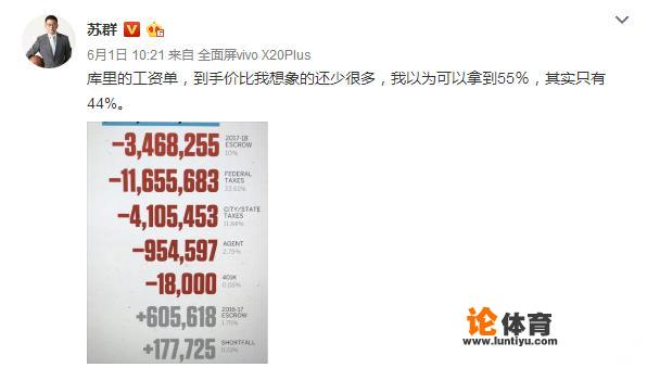 苏群晒库里工资单，年薪超3400万的库里到手工资仅有1500万，你怎么看